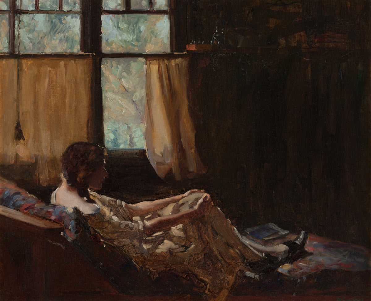 Painting of a woman sitting by a window with a garden in the background
