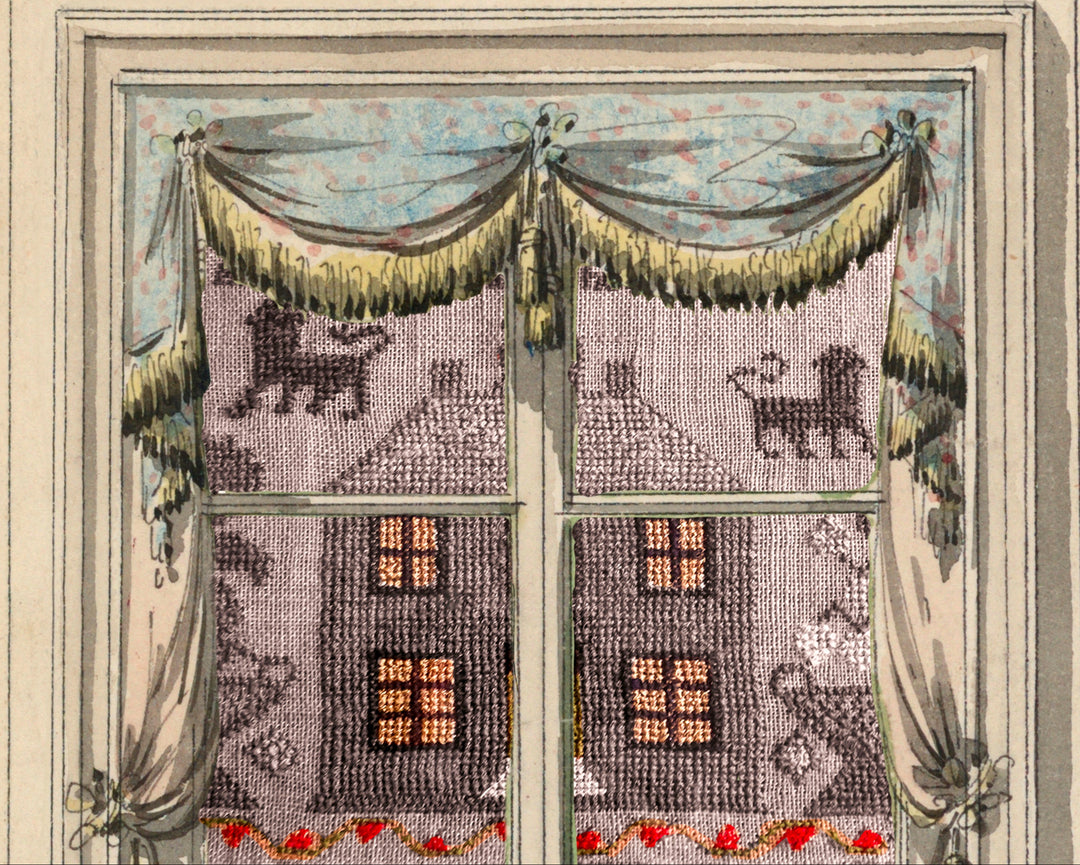 Decorative window scene with curtains and a Georgian house silhouette, possibly from a needlepoint or embroidery.