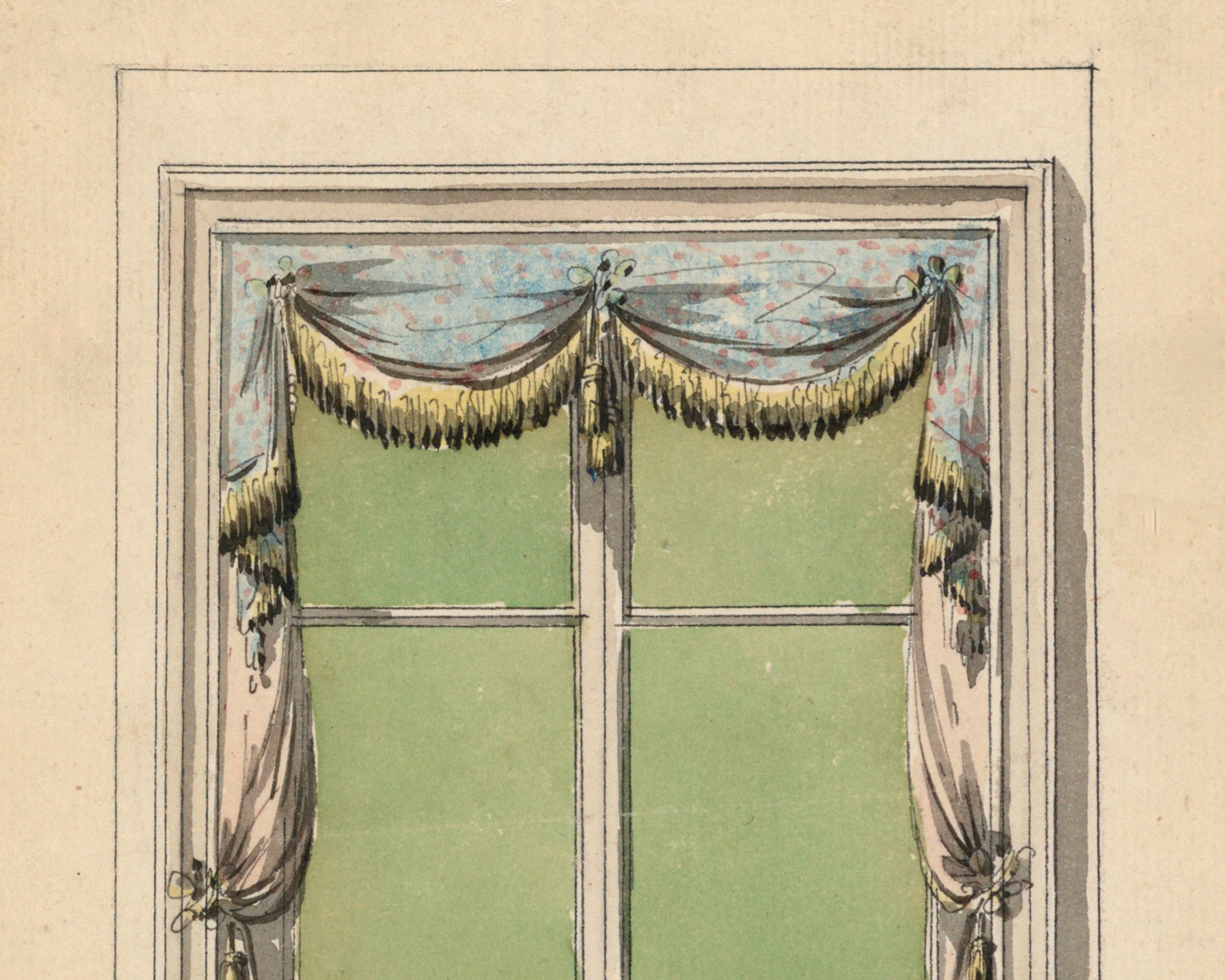 Decorative Georgian window with curtains and a green wall on a beige background