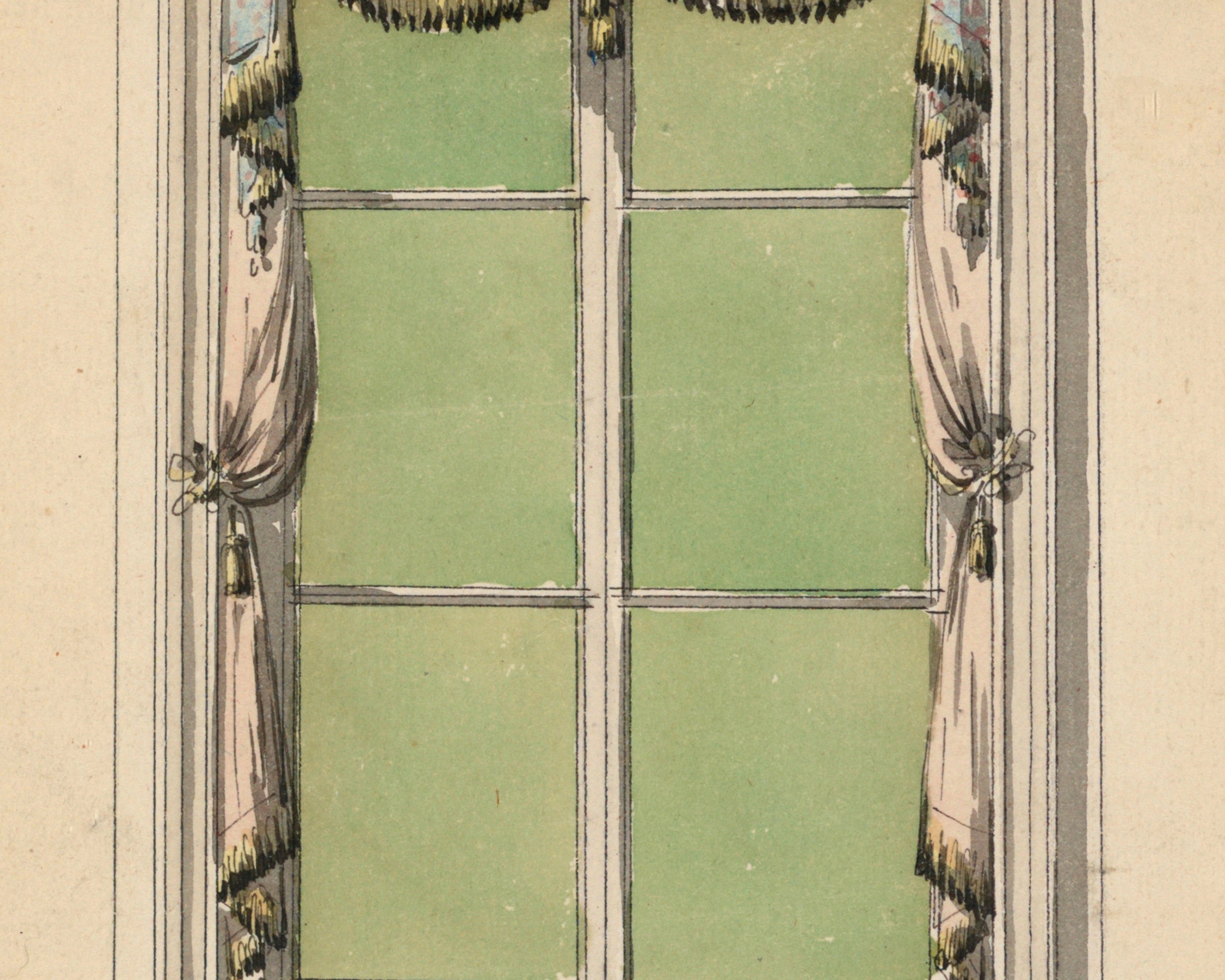 Decorative Georgian window with curtains and a green wall in the background