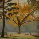 Painting of a tree with autumn foliage in a park setting.