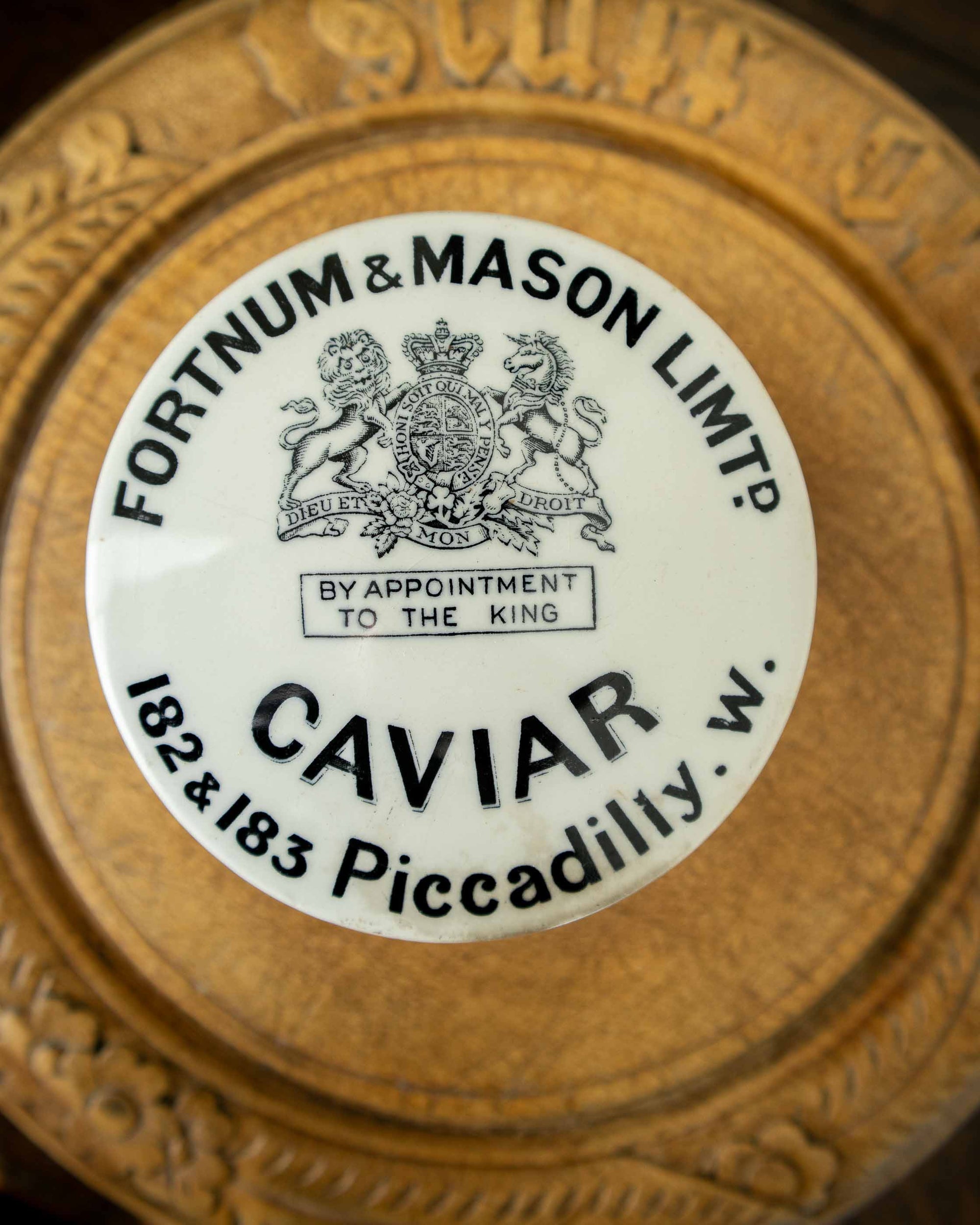 Label on a ceramic pot with 'Fortnum & Mason' branding