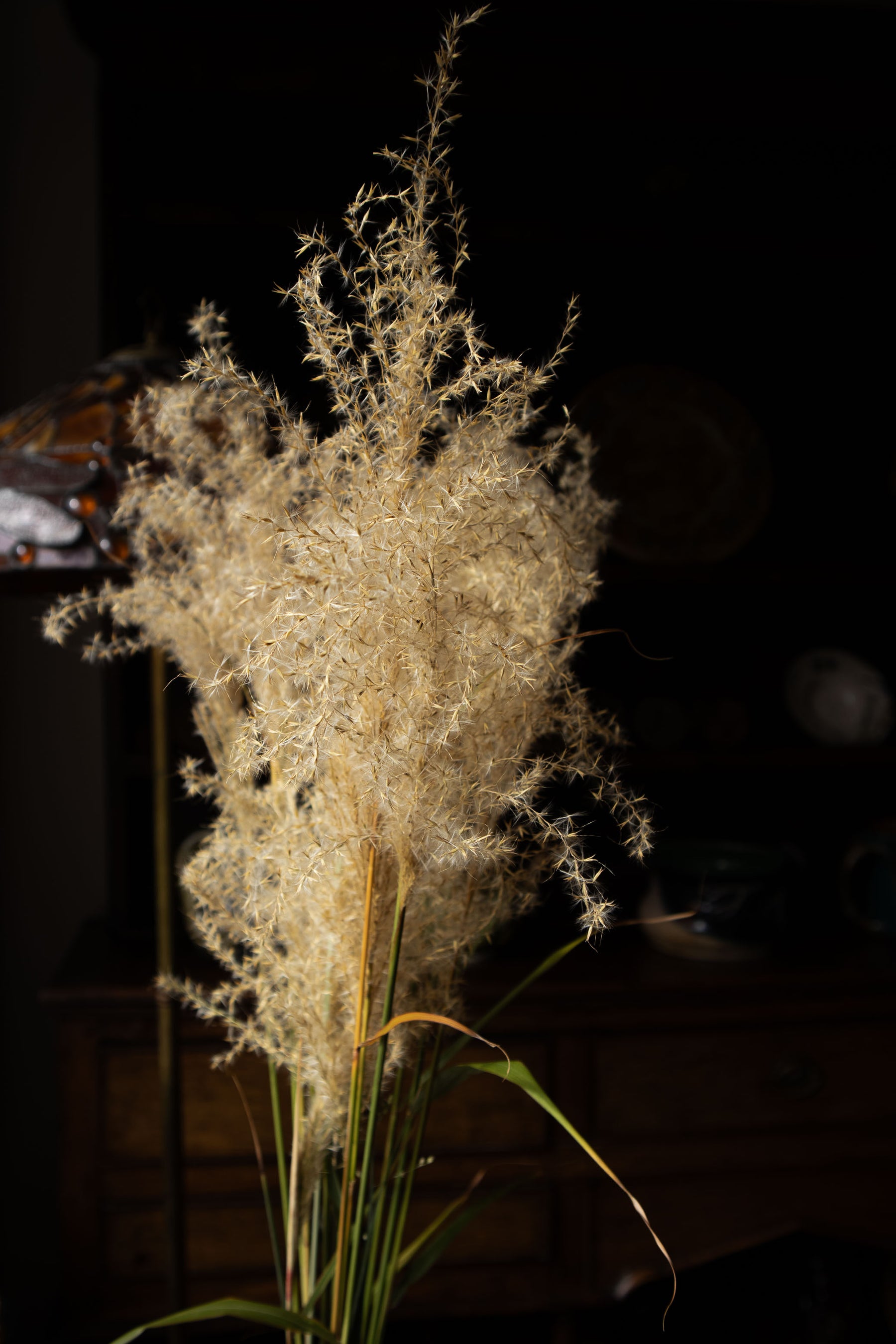 Dried grass with antique lamp in the background