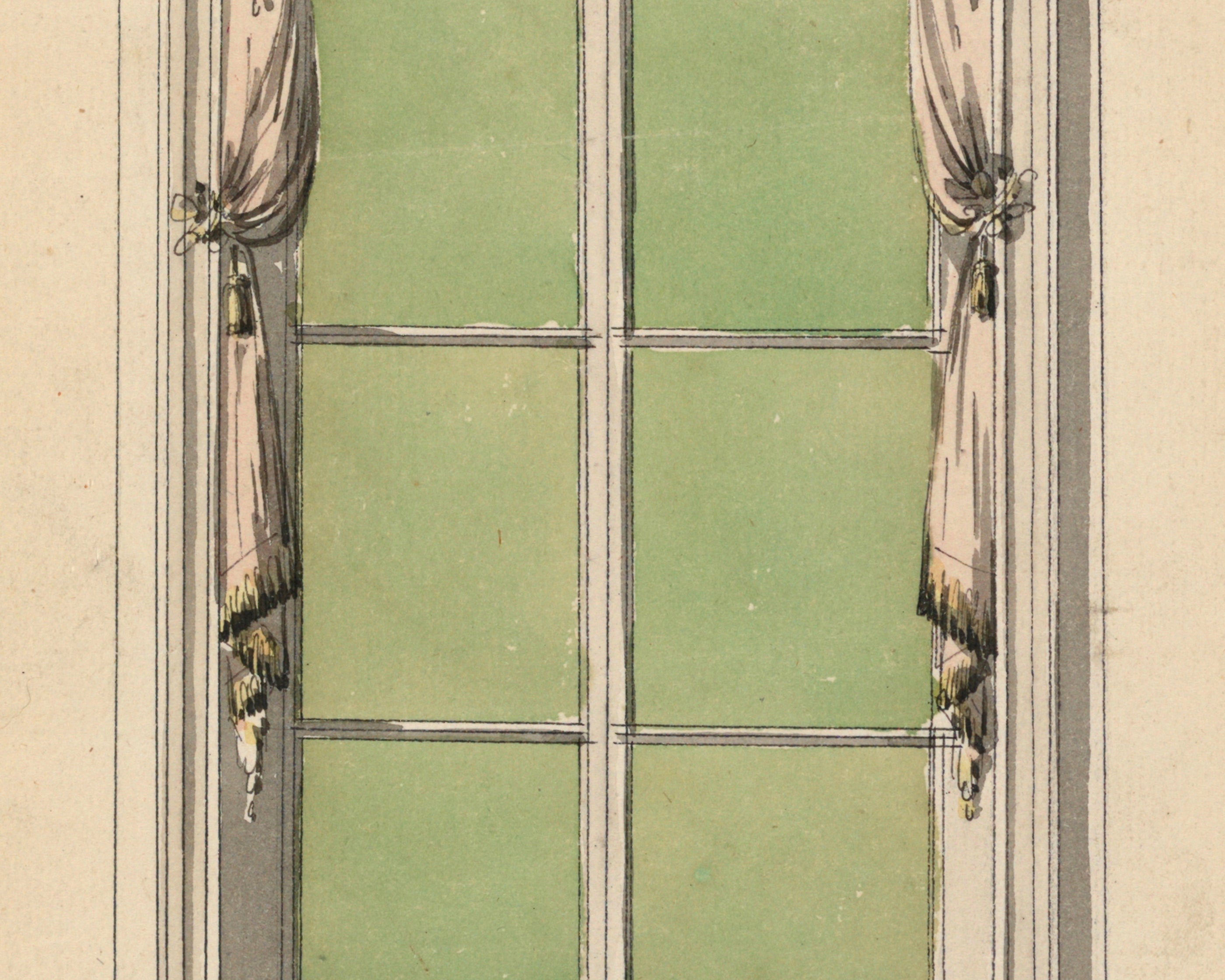 Illustration of a Georgian window with curtains on a beige background