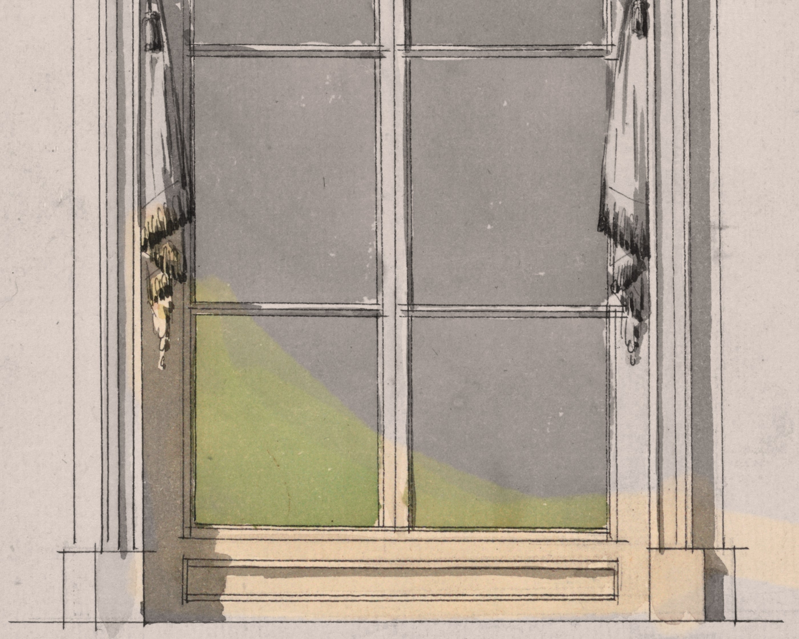 Illustration of a window with architectural details on a light gray background