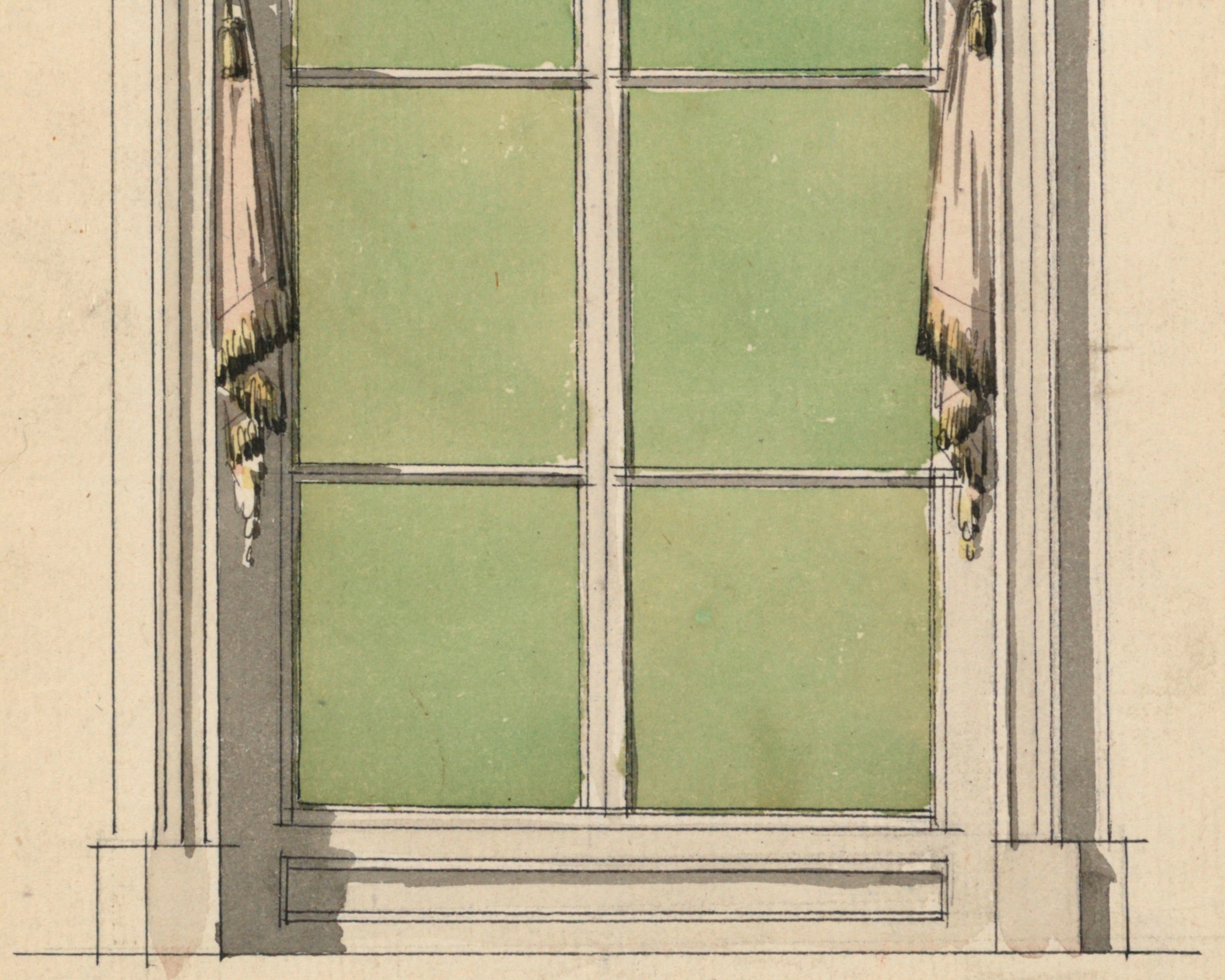 Illustration of a Georgian window with a beige frame on a beige background with a green wall visible 