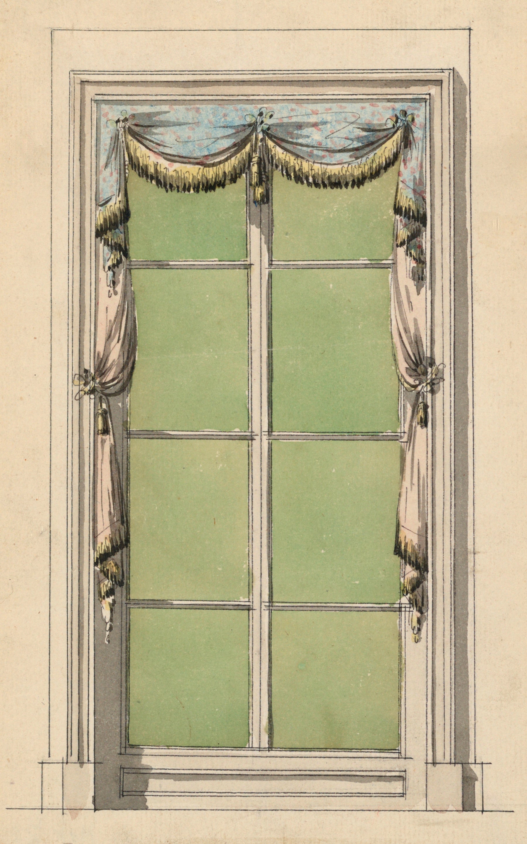 Design of a Georgian window with decorative curtains and a green wall.