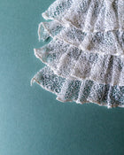 Close-up of lace fabric corner on a teal background