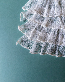 Close-up of lace fabric corner on a teal background
