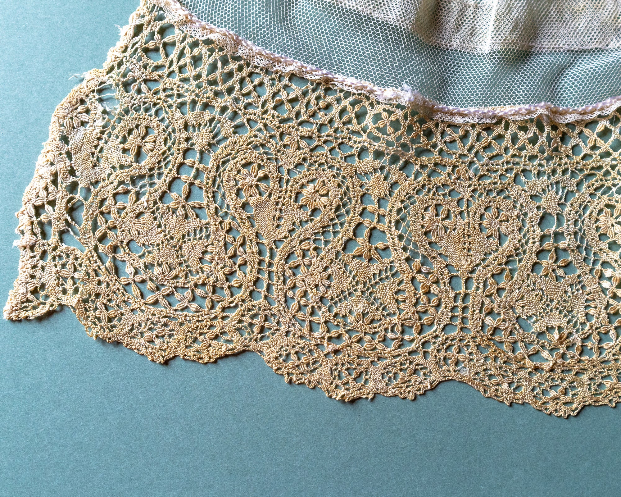 Close-up of lace on a teal background