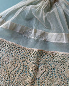Close-up of lace with a textured edge on a light blue background