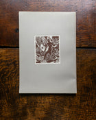 Matted print of a black and white illustration on a wooden surface