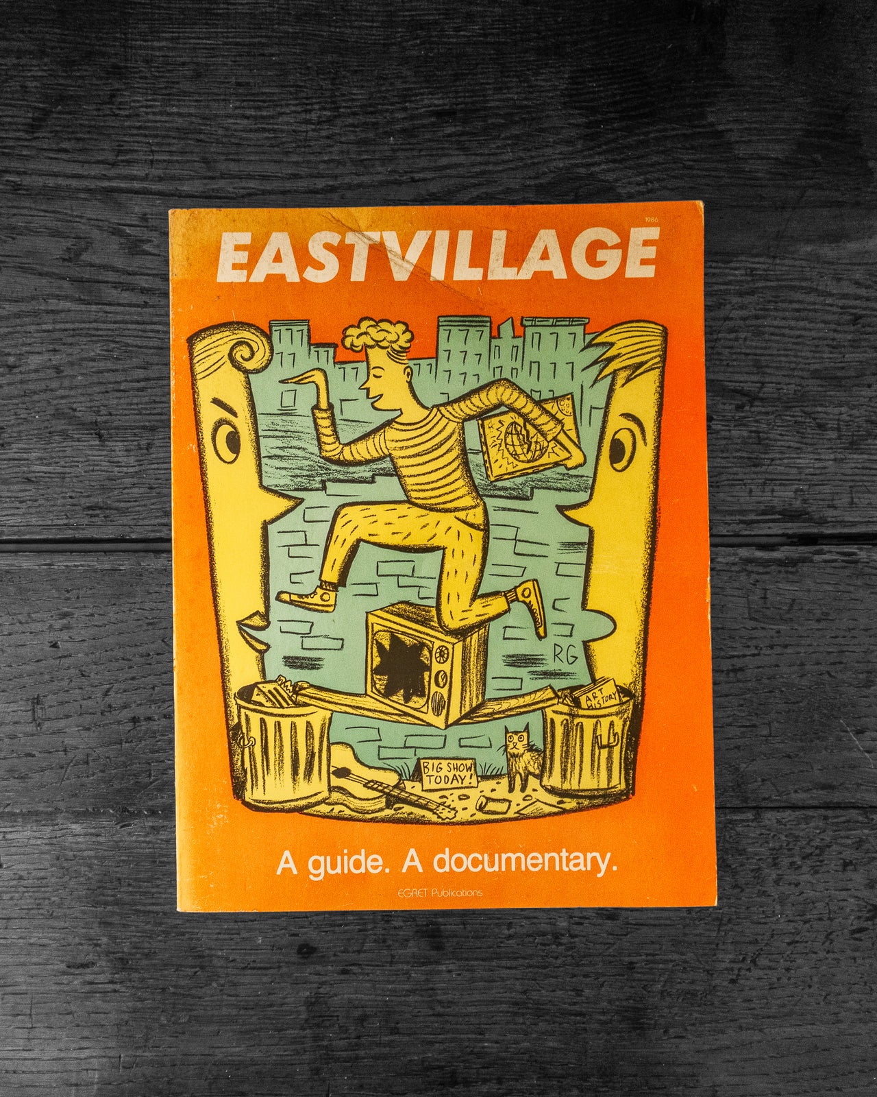 Book cover of 'Eastvillage' with illustration of a person climbing a wall on an orange background