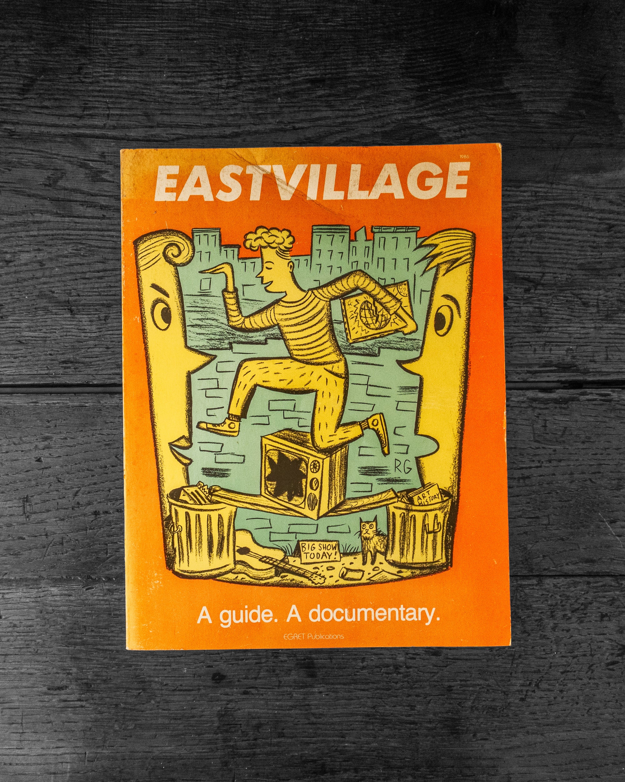 Book cover of 'Eastvillage' with illustration of a person climbing a wall on an orange background