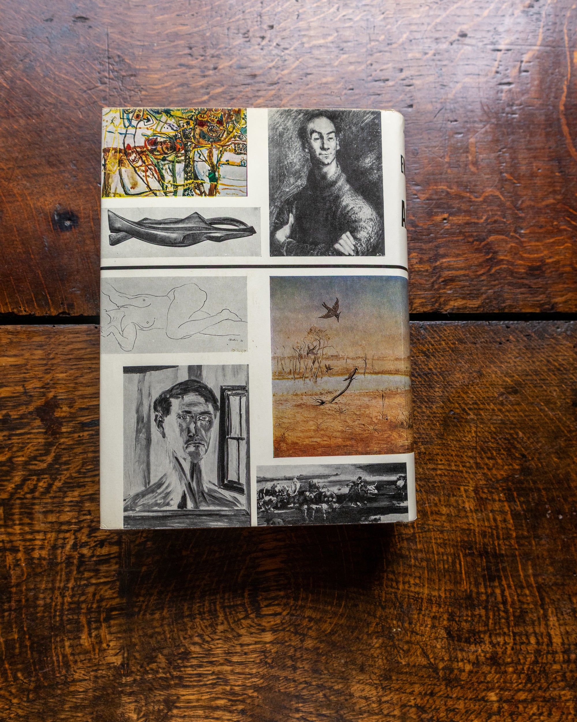 Back cover of book titled 'Encyclopedia of Australian Art' on a wooden surface